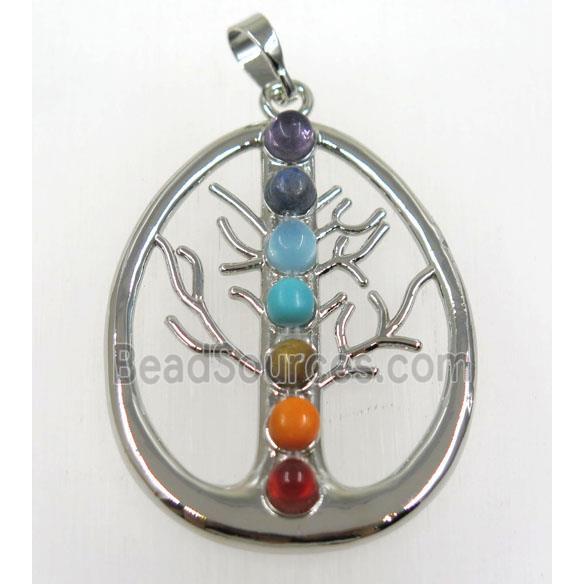 gemstone Chakra pendant, tree of life, alloy, platinum plated