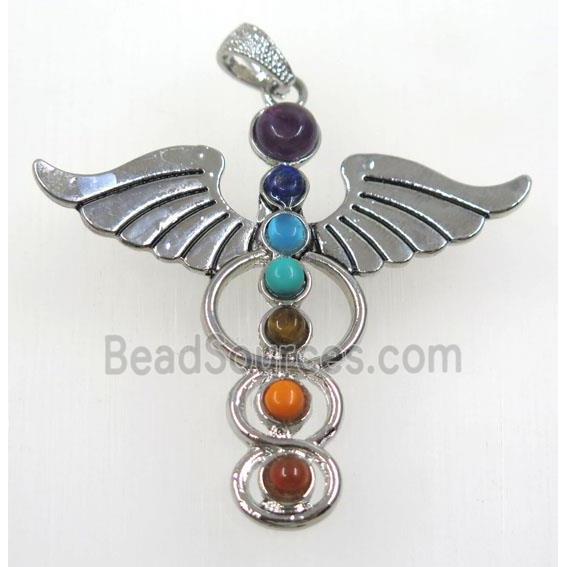 gemstone Chakra angel wing pendant, platinum plated