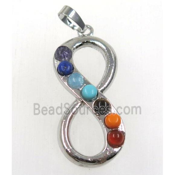 gemstone Chakra infinity pendant, alloy, platinum plated