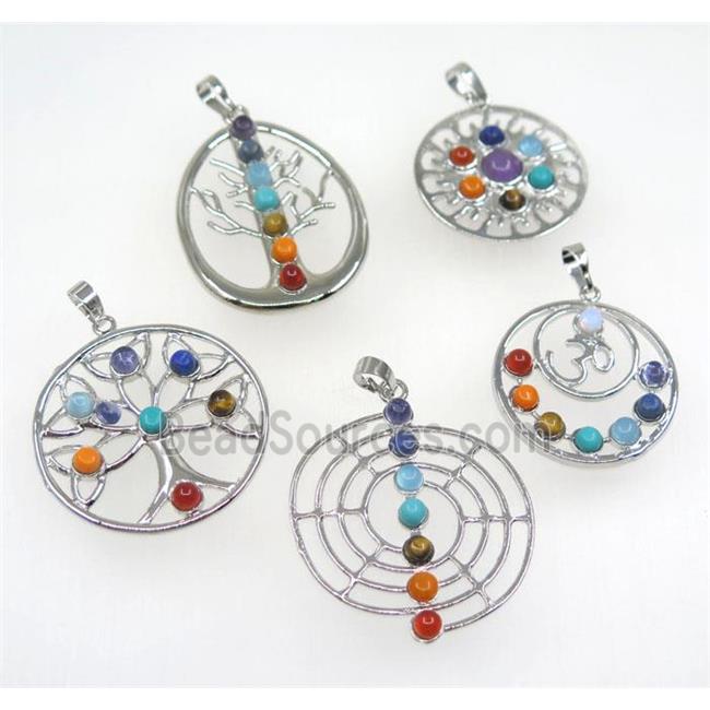 gemstone Chakra pendant, mix shape, alloy, platinum plated