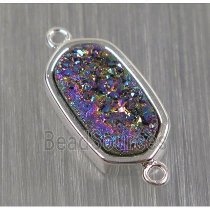 rainbow druzy quartz connector, oval, silver plated