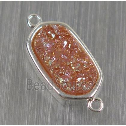 orange druzy quartz connector, oval, silver plated