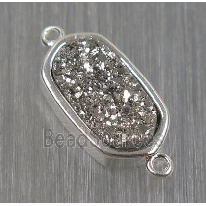 silver druzy quartz connector, oval, silver plated