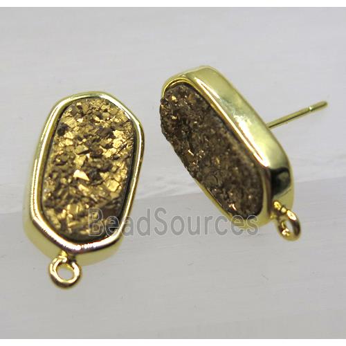 golden druzy quartz earring studs, gold plated