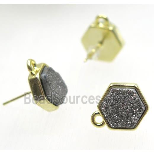 silver druzy quartz earring studs, hexagon, gold plated