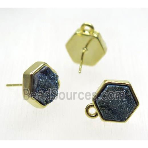 green druzy quartz earring studs, hexagon, gold plated