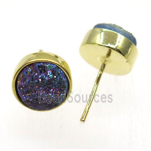 rainbow druzy quartz earring studs, flat-round, gold plated