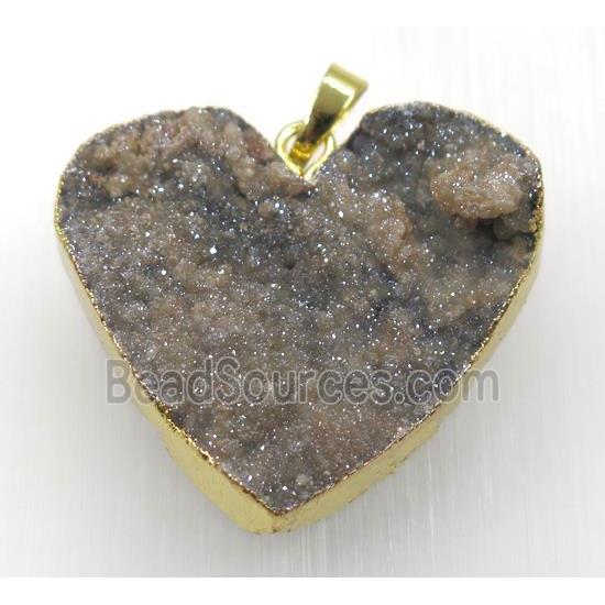 gold-champagne druzy quartz pendant, heart, gold plated