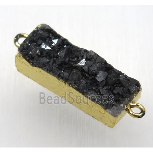 black druzy quartz connector, rectangle, gold plated