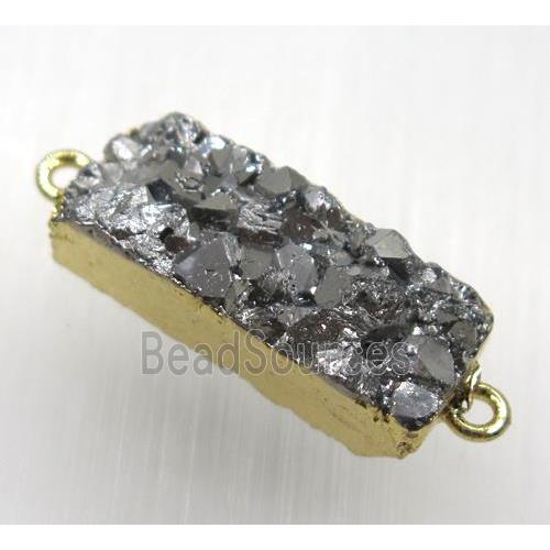 silver druzy quartz connector, rectangle, gold plated