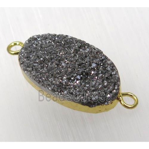 black druzy quartz connector, oval, gold plated