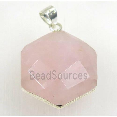 Rose Quartz hexagon pendant, 925 silver plated