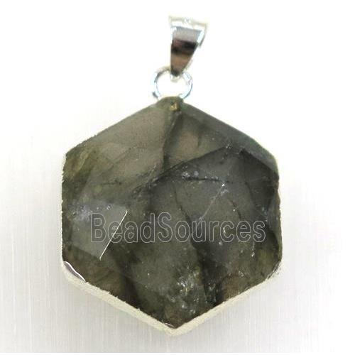 Labradorite hexagon pendant, 925 silver plated