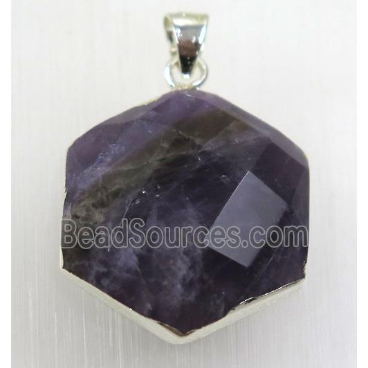 purple Amethyst hexagon pendant, 925 silver plated