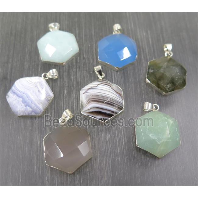 mix gemstone hexagon pendant, 925 silver plated