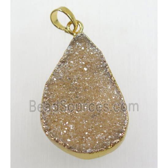 goldchampagne druzy quartz teardrop pendant, gold plated