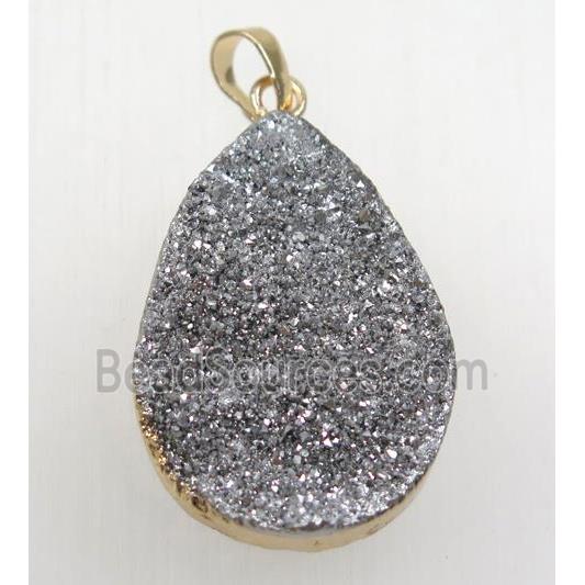 silver druzy quartz teardrop pendant, gold plated