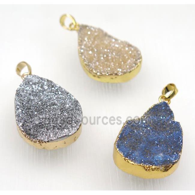 druzy quartz teardrop pendant, mix color, gold plated