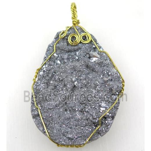 silver solar agate druzy slice pendant with wire wrapped, freeform