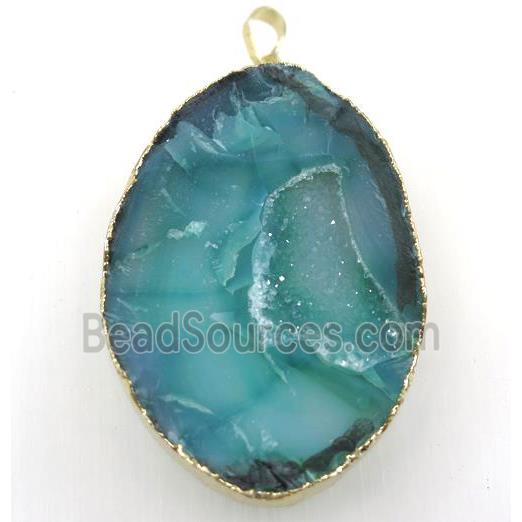 green druzy agate geode pendant, freeform, gold plated