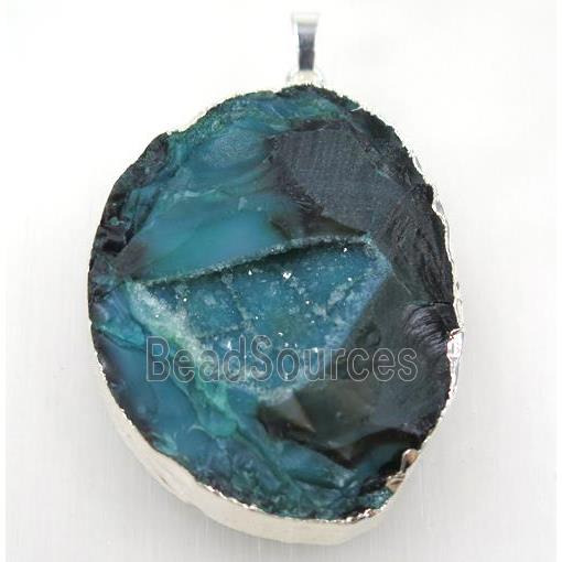 green geode agate druzy pendant, freeform, silver plated