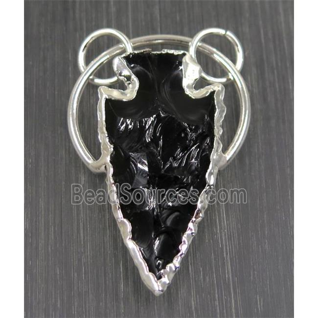 clear quartz pendant, arrowhead, black, silver plated