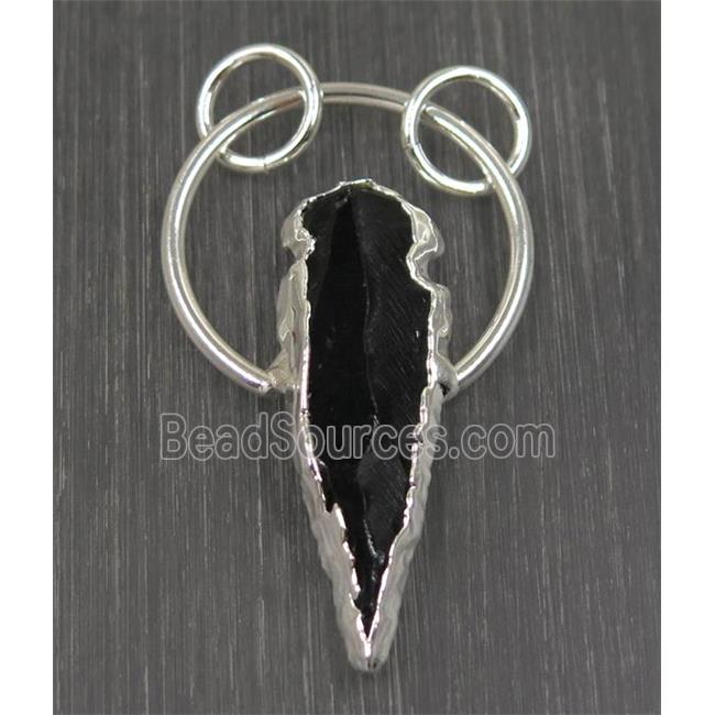 clear quartz pendant, arrowhead, black, silver plated