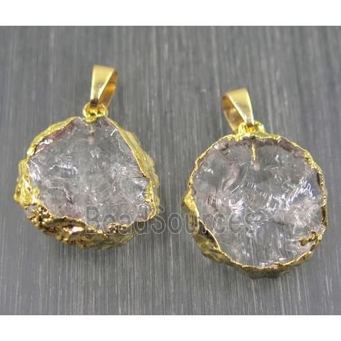 Hammered Clear Quartz pendant, flat-round, gold plated