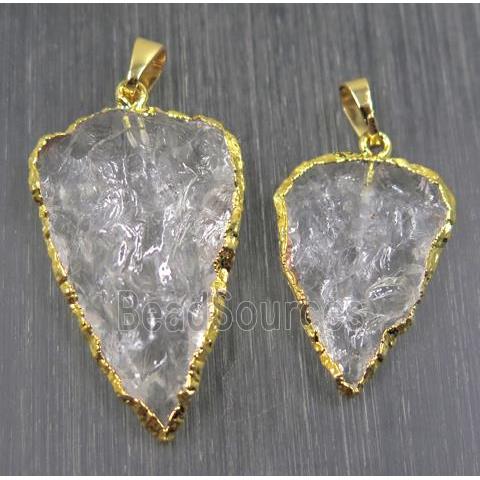 Hammered Clear Quartz arrowhead pendant, gold plated