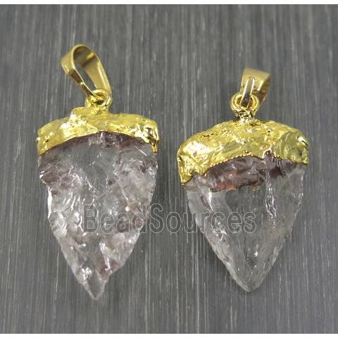 Hammered Clear Quartz arrowhead pendant, gold plated