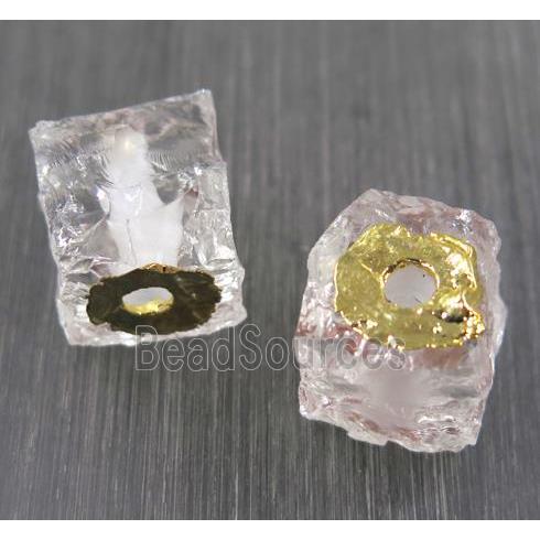 Hammered Clear Quartz cube beads, gold plated