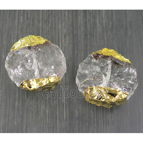 Hammered Clear Quartz beads, flat round, gold plated