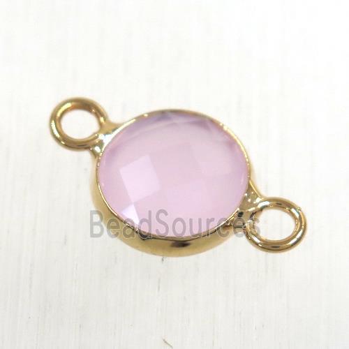 pink Chinese crystal glass connector, faceted flat round, rose gold plated