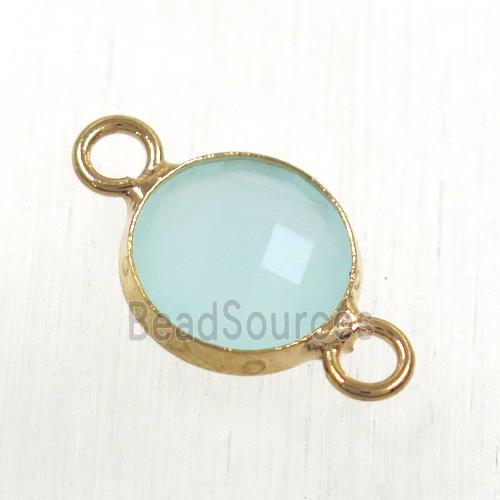 aqua Chinese crystal glass connector, faceted flat round, rose gold plated