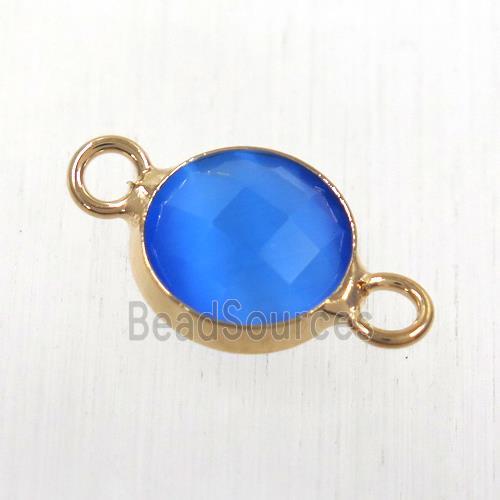 blue cats eye stone connector, faceted flat round, rose gold plated