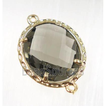 smoky Chinese Crystal Glass connector, oval, gold plated