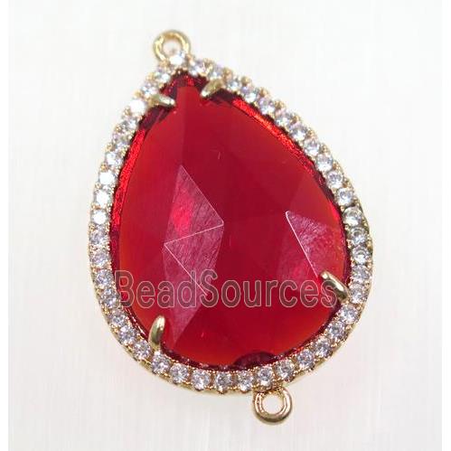 ruby crystal glass connector pave zircon, faceted teardrop, gold plated