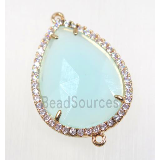 aqua crystal glass connector pave zircon, faceted teardrop, gold plated