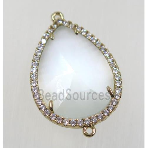 white cats eye stone connector pave zircon, faceted teardrop, gold plated