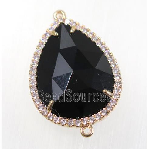 black crystal glass connector pave zircon, faceted teardrop, gold plated