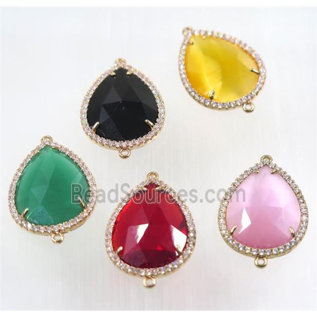 mix crystal glass connector pave zircon, faceted teardrop, gold plated