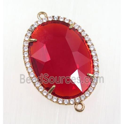 ruby crystal glass connector pave zircon, faceted oval, gold plated