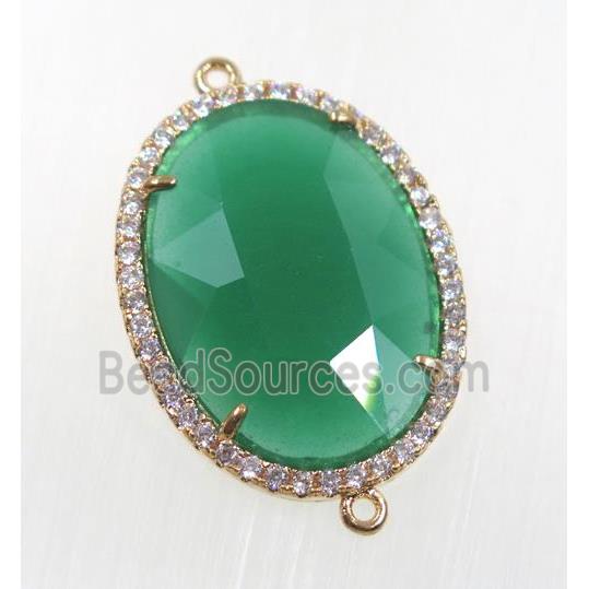 green crystal glass connector pave zircon, faceted oval, gold plated