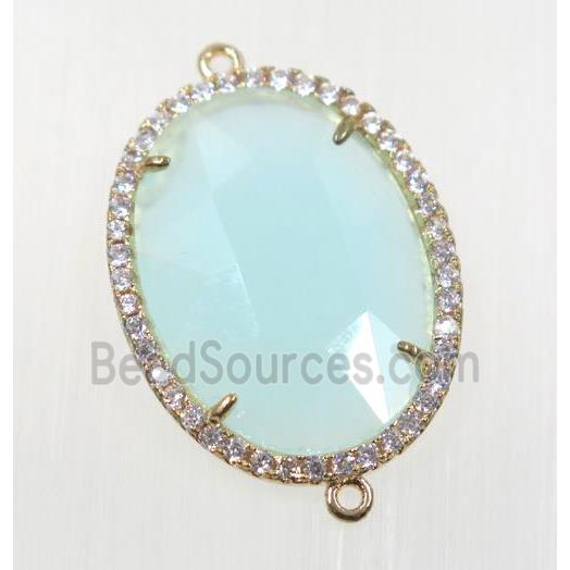 aqua crystal glass connector pave zircon, faceted oval, gold plated