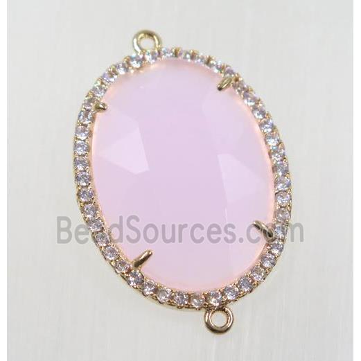 pink crystal glass connector pave zircon, faceted oval, gold plated