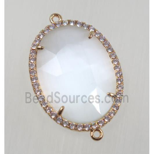 white cats eye stone connector pave zircon, faceted oval, gold plated