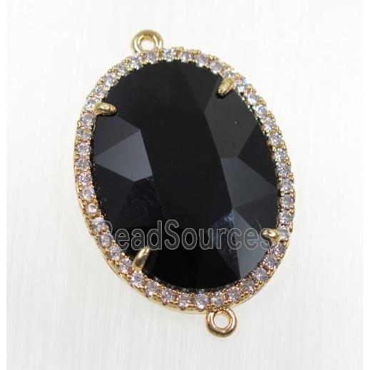 black crystal glass connector pave zircon, faceted oval, gold plated