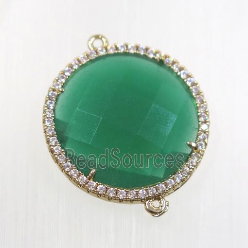 peacock green crystal glass connector pave zircon, faceted flat round, gold plated