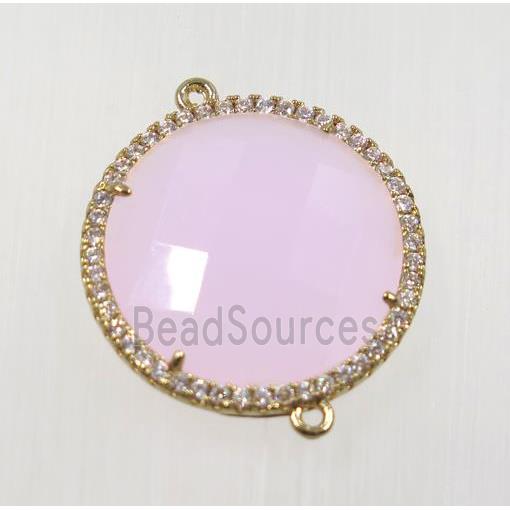 pink crystal glass connector pave zircon, faceted flat round, gold plated