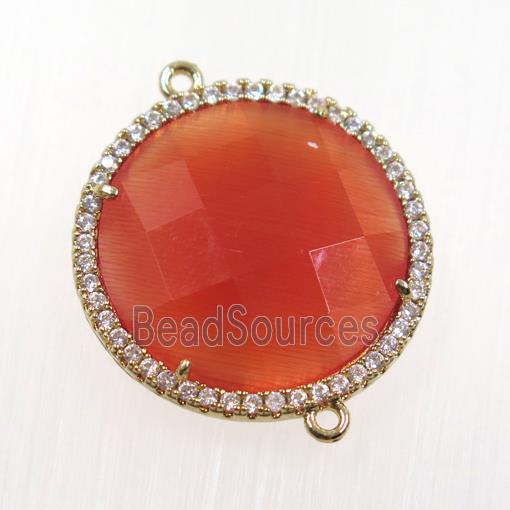 red crystal glass connector pave zircon, faceted flat round, gold plated